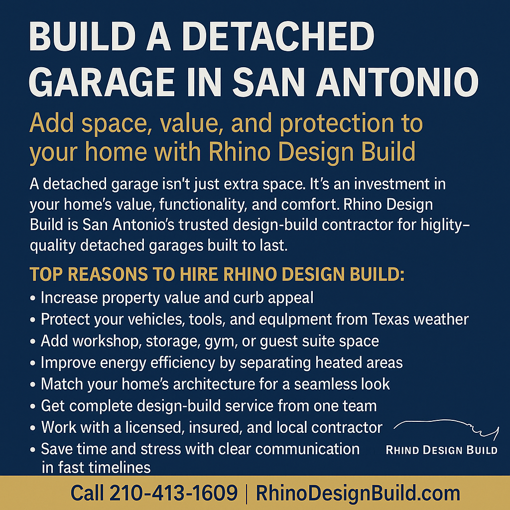 Detached Garage Builder San Antonio - New garage build general contractor San Antonio Build a Detached Garage in San Antonio. A detached garage isn’t just extra space. It’s an investment in your home’s value, functionality, and comfort. Rhino Design Build is San Antonio’s trusted design-build contractor for high-quality detached garages built to last.