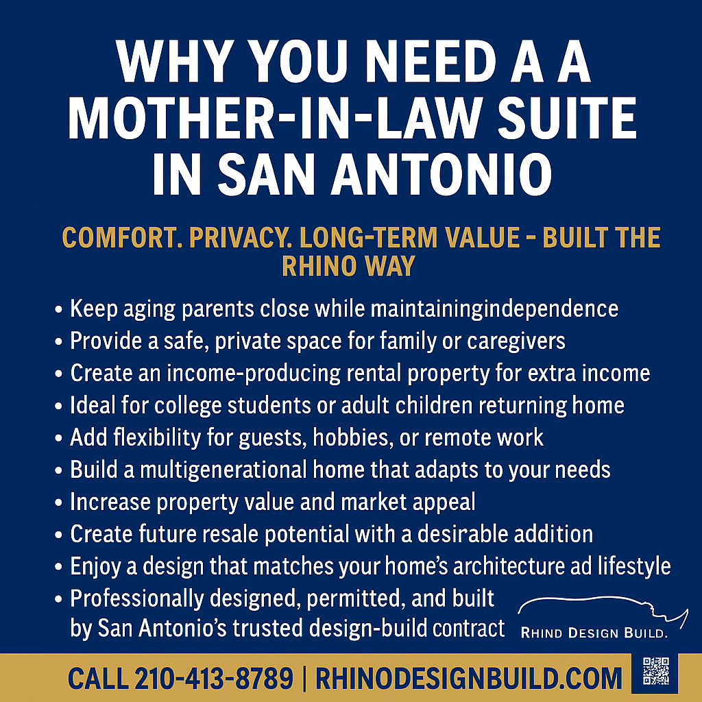 mother in law suite san antonio, adu builder san antonio, guest house builder san antonio, rhino design build, multigenerational home san antonio, accessory dwelling unit texas, home addition contractor san antonio, backyard apartment san antonio, rental unit builder san antonio
