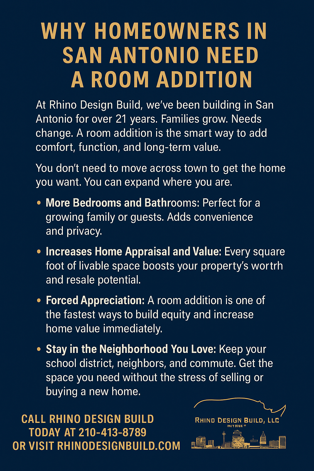 room addition San Antonio, home addition contractor San Antonio, add bedroom San Antonio, home expansion San Antonio, increase home value San Antonio, forced appreciation San Antonio, design build San Antonio, Rhino Design Build, home remodeling San Antonio, general contractor San Antonio, residential construction San Antonio, add bathroom San Antonio, custom home builder San Antonio, home renovation San Antonio