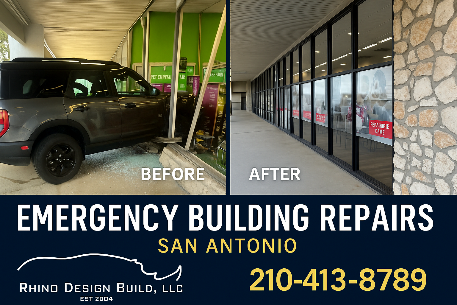Emergency Building Repairs San Antonio Before and after images of a damaged storefront repaired by Rhino Design Build in San Antonio. The first image shows a vehicle crashed into a glass wall. The second image shows the fully restored storefront.