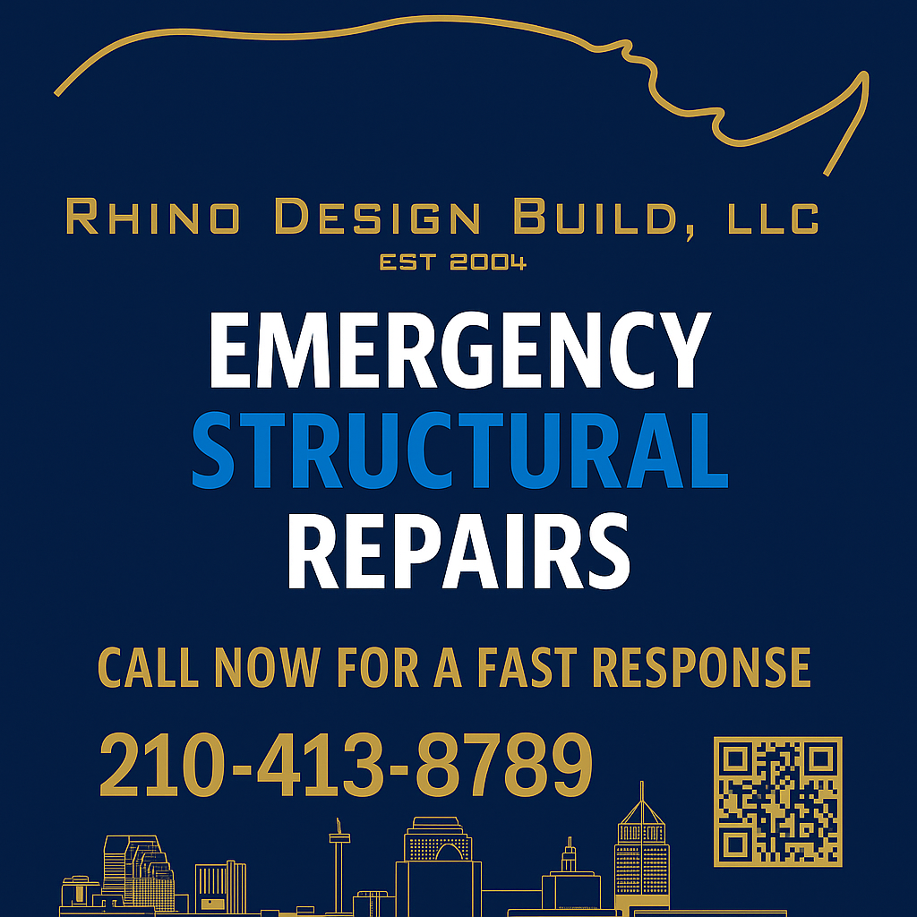 Emergency Structural Repairs in San Antonio by Rhino Design Build Emergency structural repair graphic for Rhino Design Build in San Antonio with navy background, gold accents, city skyline, QR code, and phone number 210-413-8789.