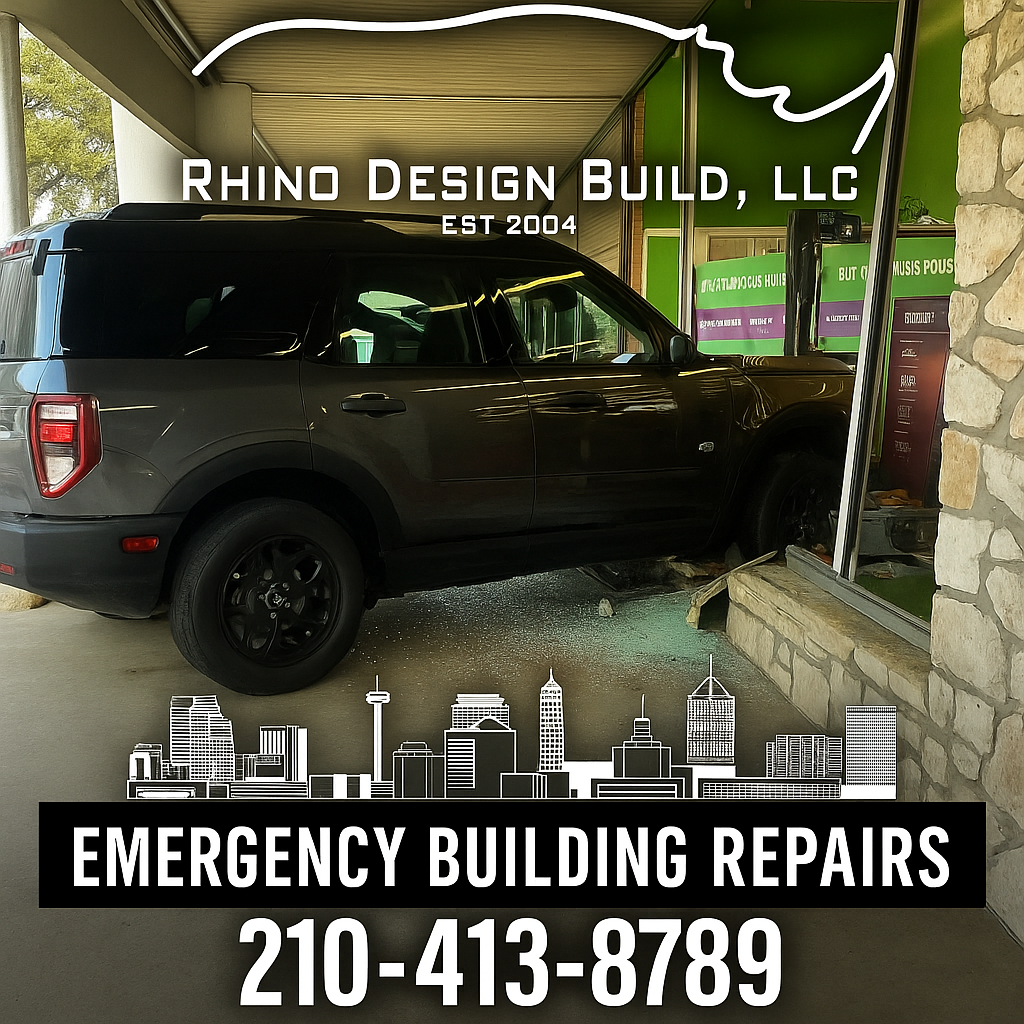 San Antonio Emergency Contractor - Rhino Design Build - RDB Commercial Who to call when a car crashes into a building in San Antnio