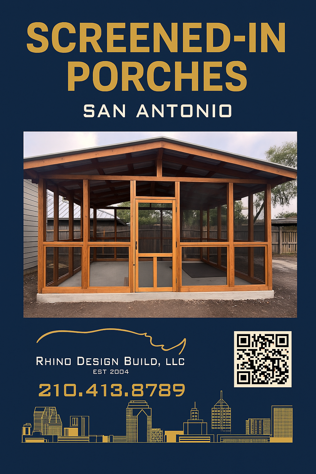 Screened in porch construction by Rhino Design Build in San Antonio with premium wood framing and durable screened walls.