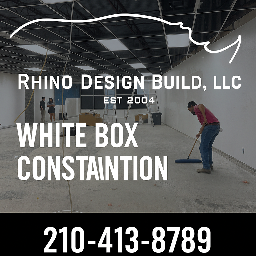 White box construction project in San Antonio with workers prepping an open commercial space for turnover with ladders, ceiling grid, drywall, and cleanup.