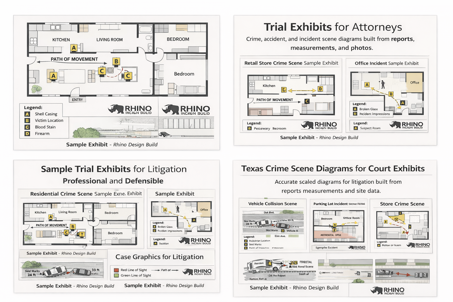 Sample crime scene floor plan exhibits created by Rhino Design Build for Texas attorneys showing residential commercial and vehicle incident layouts.