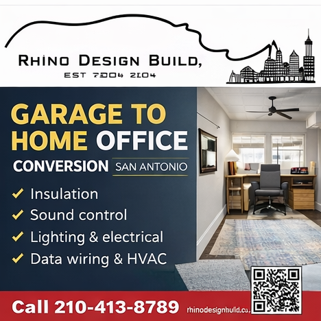 Garage to home office conversion in San Antonio built by Rhino Design Build with insulation and proper lighting
