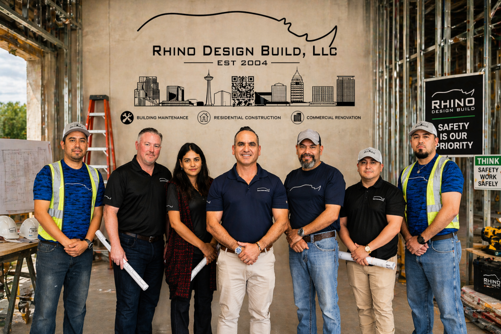 Rhino Design Build team standing inside a commercial construction site with exposed framing and tools in San Antonio Texas