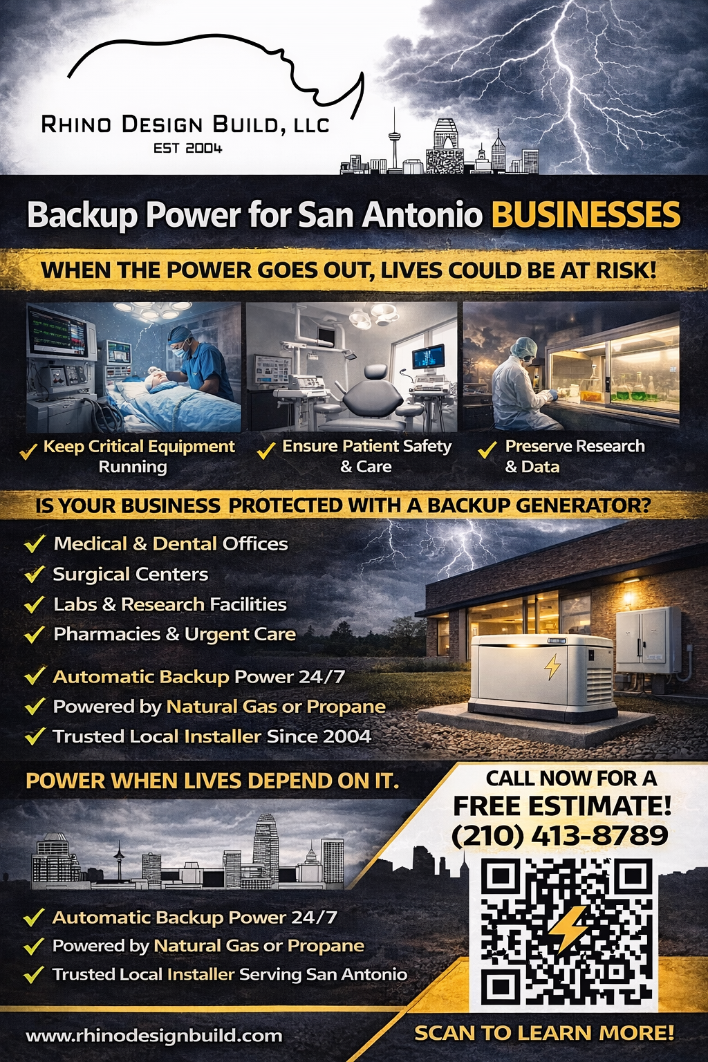 Commercial standby generator installed outside a medical office in San Antonio. Backup power system supporting life safety equipment during a power outage. Rhino Design Build commercial generator installation.