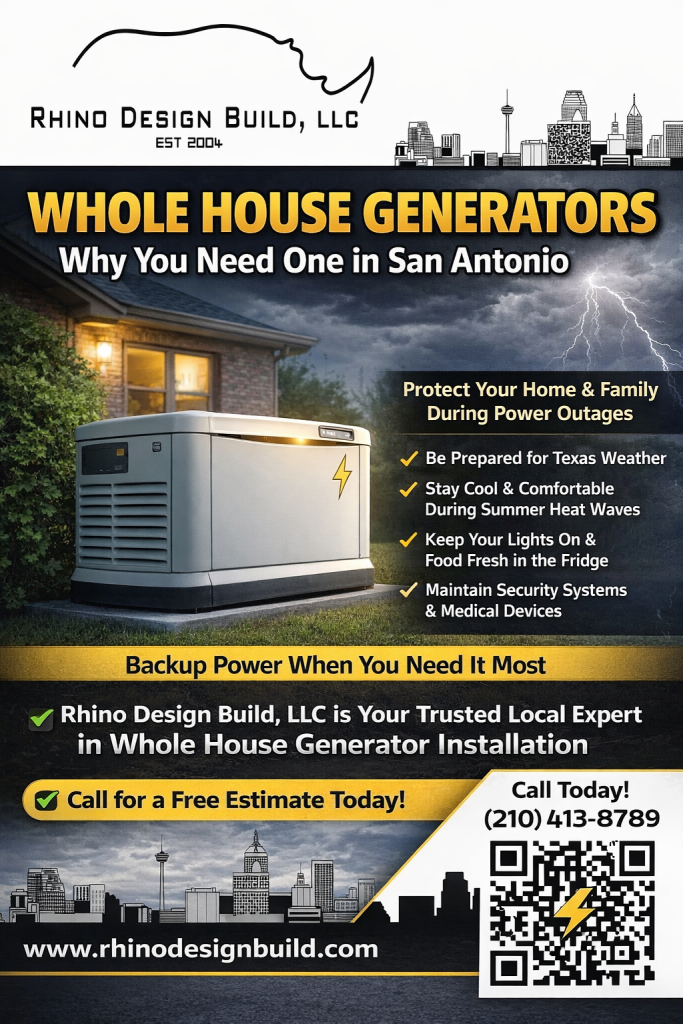 Whole house standby generator installed at a San Antonio home. Rhino Design Build logo shown. Backup power system protecting a residence during a storm and power outage.