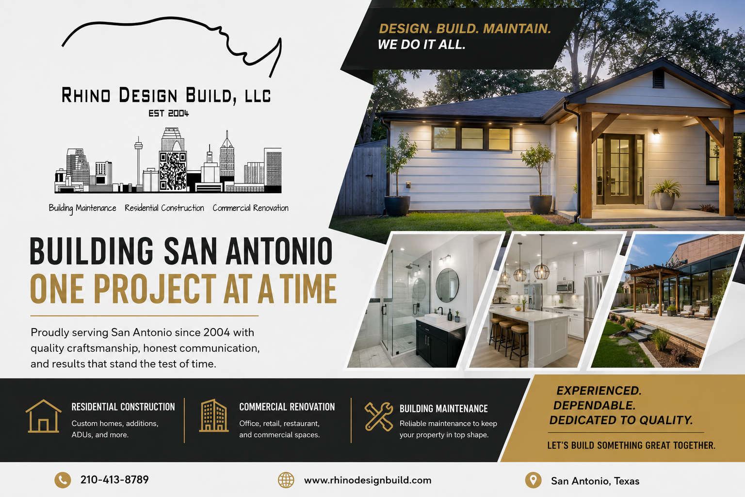 ADU Builder in San Antonio Modern San Antonio ADU and construction marketing graphic by Rhino Design Build featuring custom home additions, guest houses, residential remodeling, commercial renovation, and building maintenance services in San Antonio, Texas.