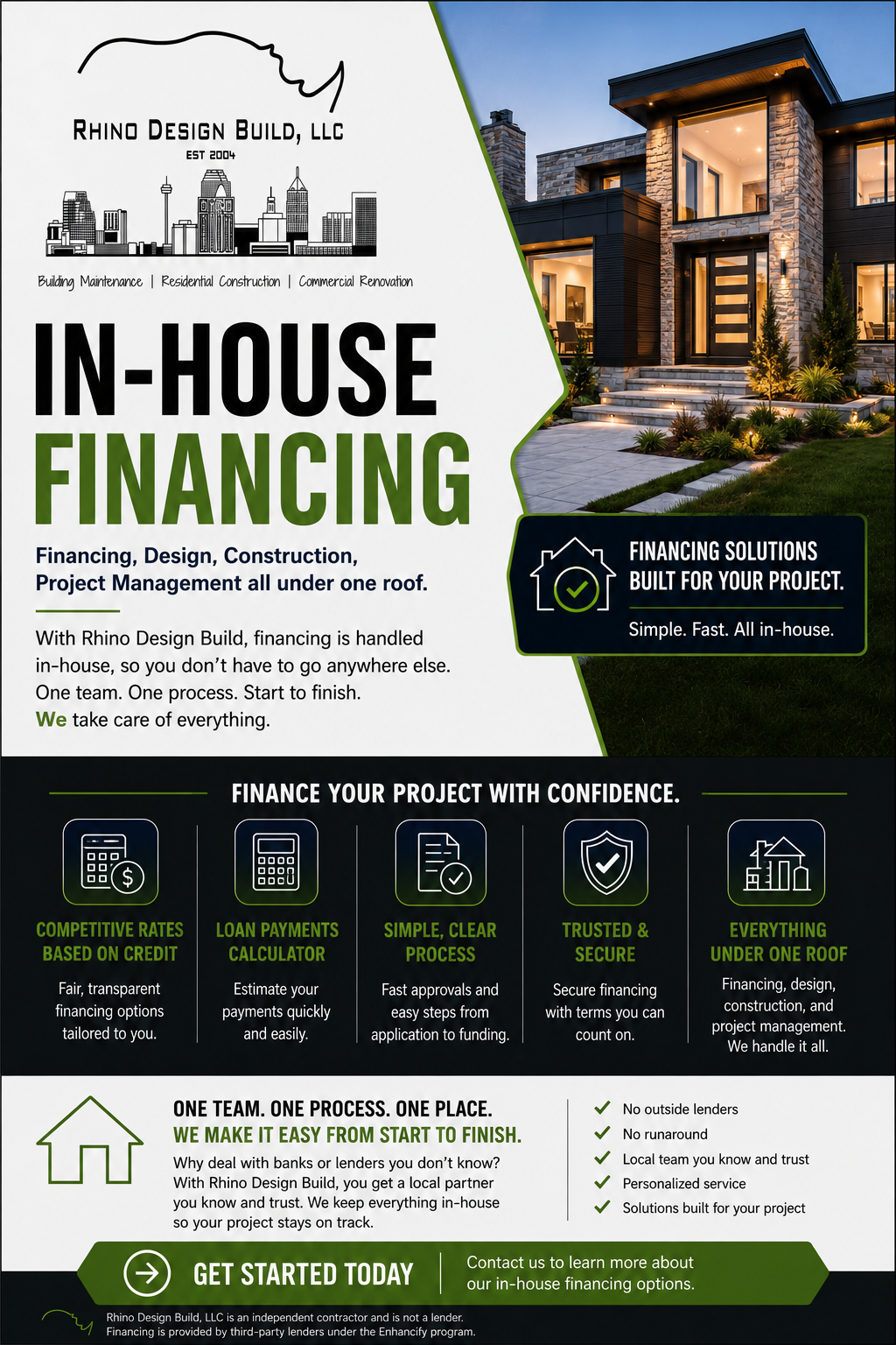 Modern luxury home exterior representing in house financing for home remodeling in San Antonio with Rhino Design Build offering design, construction, and financing up to $200,000.